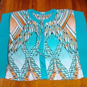 Halo Geometric Print Tie‎ Neck Blouse Top Teal Orange White Women's Size M